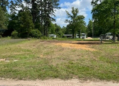 An undeveloped grassy lot with a dirt path, surrounded by trees and small houses under a blue sky with clouds.