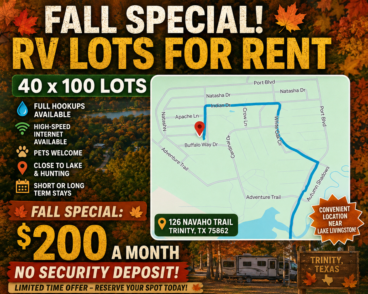 Promotional graphic for RV lots for rent in Trinity, TX, featuring a map of the property, pricing of $200 a month, and seasonal fall-themed text and autumn imagery.