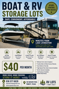 A promotional flyer for 'RV LOTS' boat and RV storage lots in Trinity, Texas, featuring a large photo of an RV on a trailer, a $40 monthly price, contact information, and a list of features and benefits.