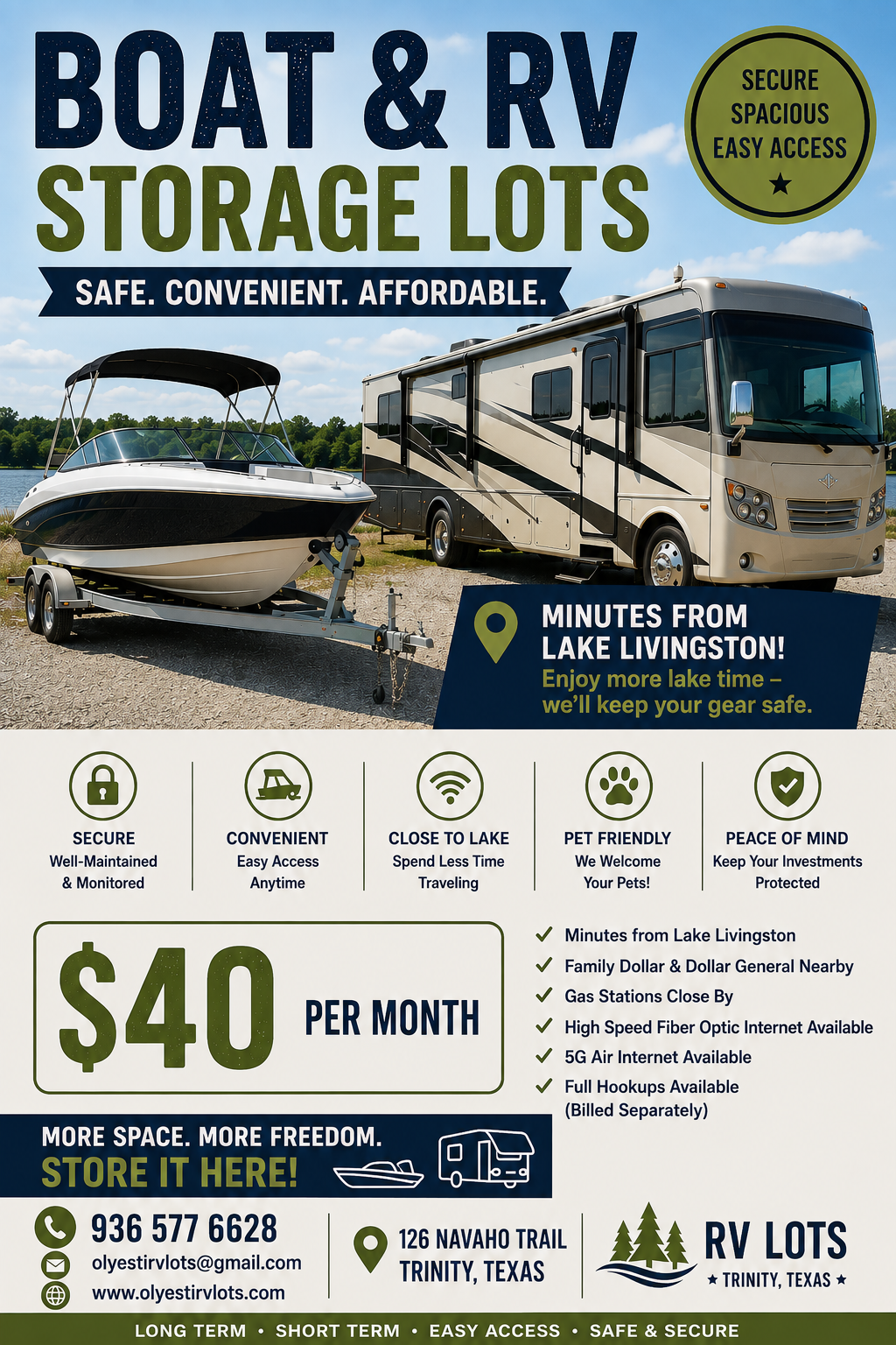 A promotional flyer for 'RV LOTS' boat and RV storage lots in Trinity, Texas, featuring a large photo of an RV on a trailer, a $40 monthly price, contact information, and a list of features and benefits.